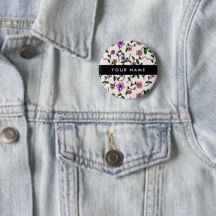 Colourful Flowers, Pink Background, Black 6 Cm Round Badge
