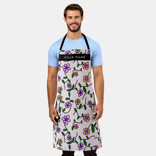 Colourful Flowers, Pink Background, Black Apron (Worn)
