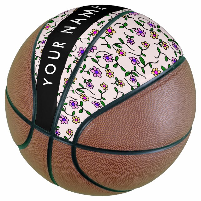 Colourful Flowers, Pink Background, Black Basketball (Angled)