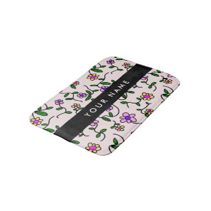Colourful Flowers, Pink Background, Black Bath Mat