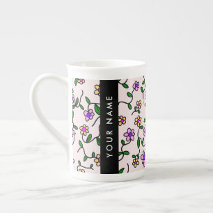 Colourful Flowers, Pink Background, Black Bone China Mug