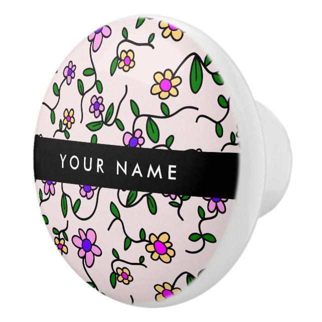 Colourful Flowers, Pink Background, Black Ceramic Knob (Right)