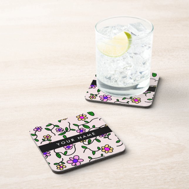 Colourful Flowers, Pink Background, Black Coaster (Right Side)