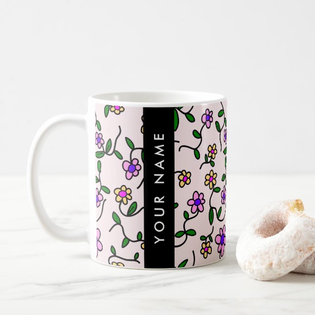 Colourful Flowers, Pink Background, Black Coffee Mug (With Donut)