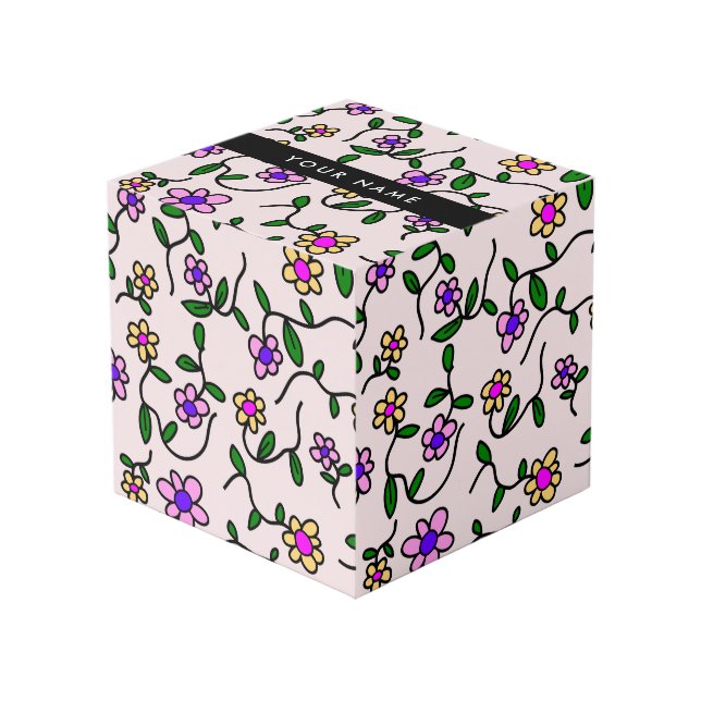 Colourful Flowers, Pink Background, Black Cube (Front Angled)