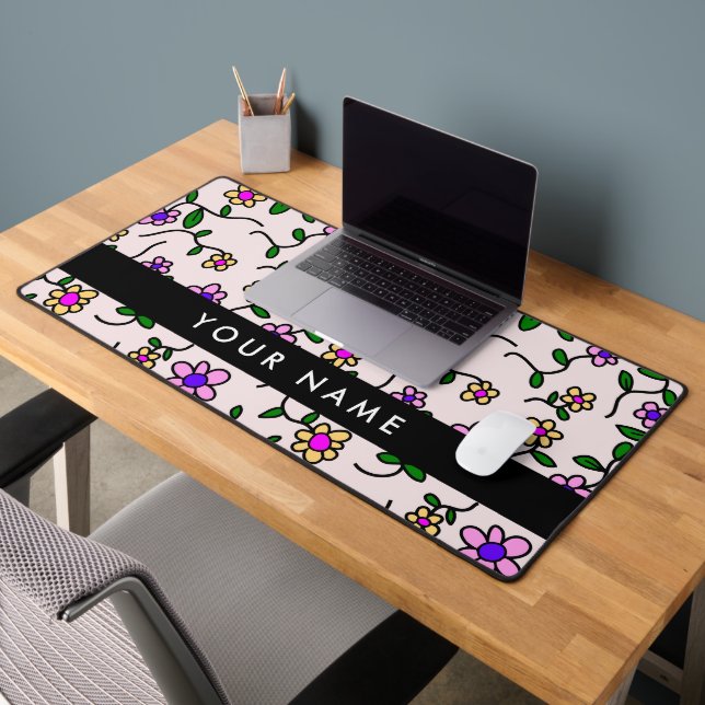 Colourful Flowers, Pink Background, Black Desk Mat (Office 2)