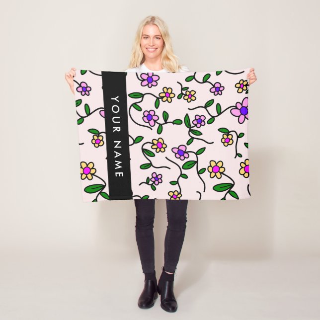 Colourful Flowers, Pink Background, Black Fleece Blanket (In Situ)