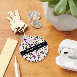 Colourful Flowers, Pink Background, Black Key Ring