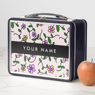 Colourful Flowers, Pink Background, Black Metal Lunch Box