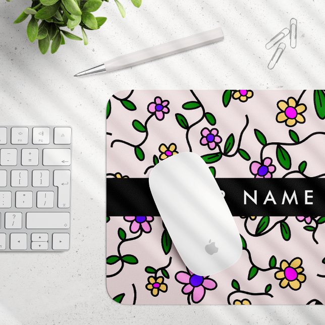 Colourful Flowers, Pink Background, Black Mouse Mat (Creator Uploaded)