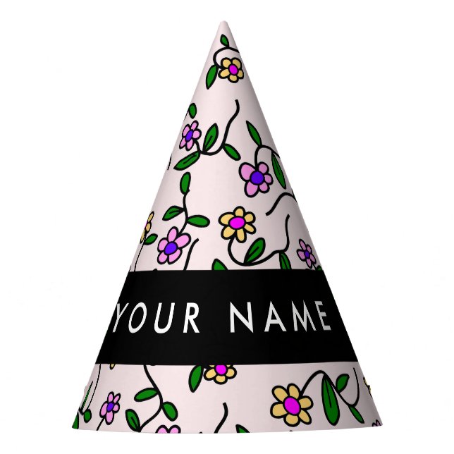 Colourful Flowers, Pink Background, Black Party Hat (Front)