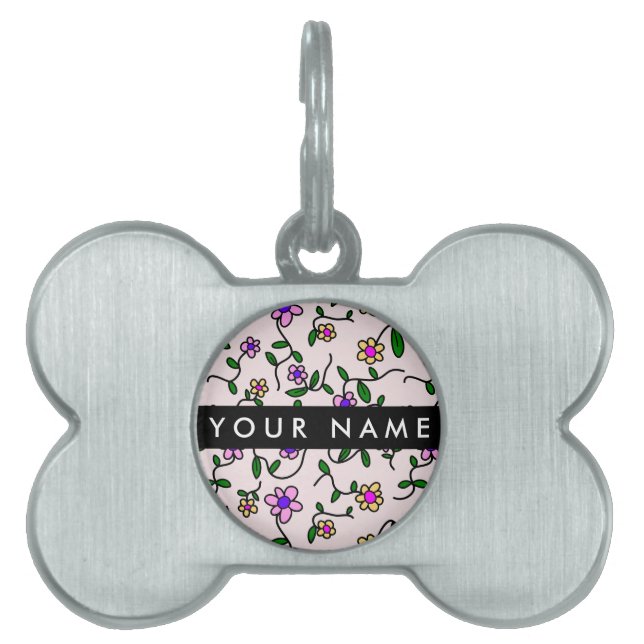 Colourful Flowers, Pink Background, Black Pet ID Tag (Front)