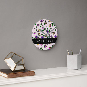 Colourful Flowers, Pink Background, Black Round Clock