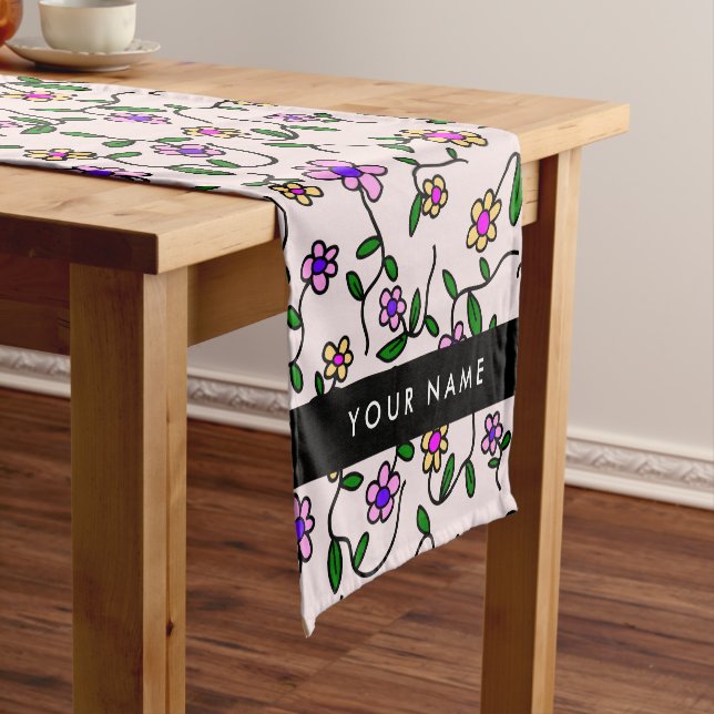 Colourful Flowers, Pink Background, Black Short Table Runner (In Situ)