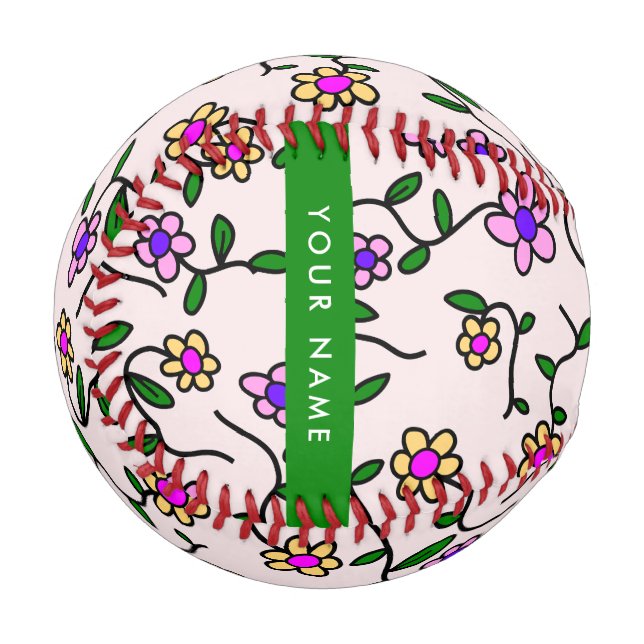 Colourful Flowers, Pink Background, Green Baseball (Front Left)
