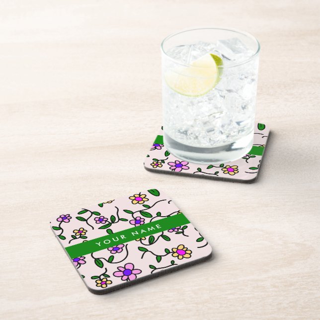 Colourful Flowers, Pink Background, Green Coaster (Right Side)
