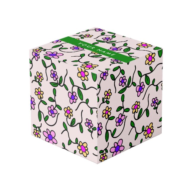 Colourful Flowers, Pink Background, Green Cube (Front Angled)