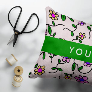 Colourful Flowers, Pink Background, Green Decorative Cushion