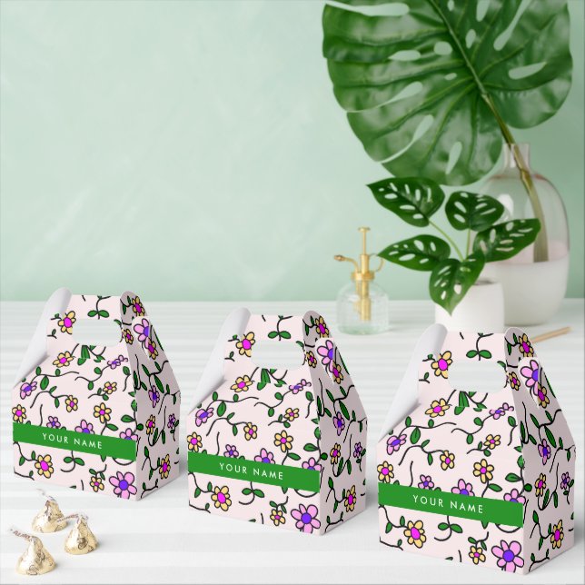 Colourful Flowers, Pink Background, Green Favour Box (Multiple)