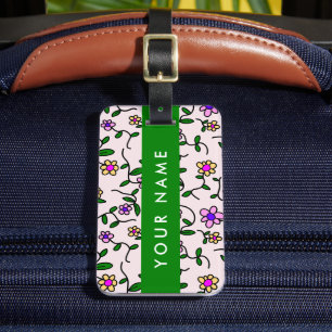 Colourful Flowers, Pink Background, Green Luggage Tag