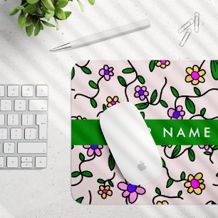 Colourful Flowers, Pink Background, Green Mouse Mat