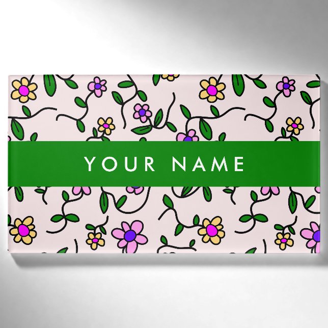 Colourful Flowers, Pink Background, Green Name Tag (Front)