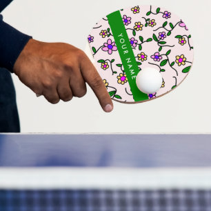 Colourful Flowers, Pink Background, Green Ping Pong Paddle