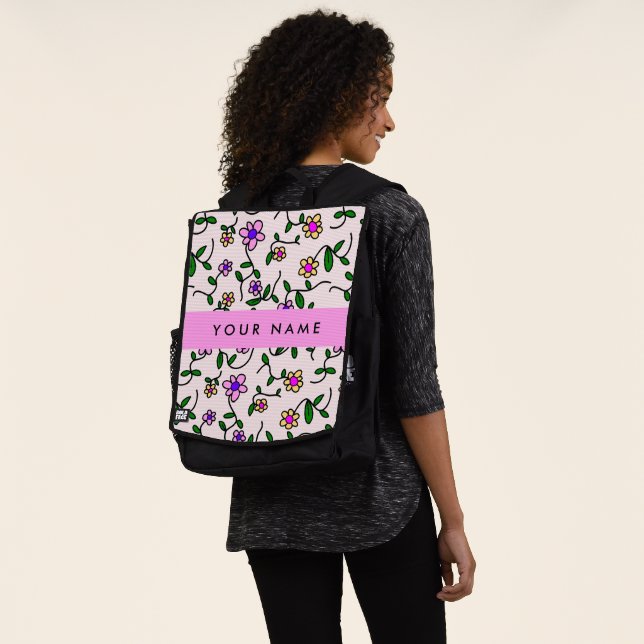Colourful Flowers, Pink Background, Pink Backpack (Worn)
