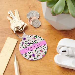 Colourful Flowers, Pink Background, Pink Key Ring