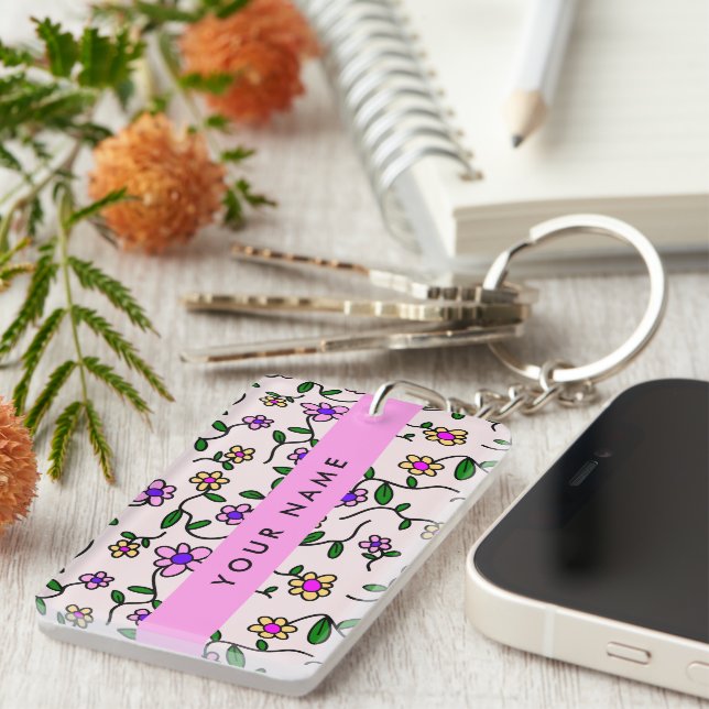 Colourful Flowers, Pink Background, Pink Key Ring (Front Right)