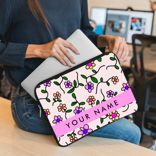 Colourful Flowers, Pink Background, Pink Laptop Sleeve