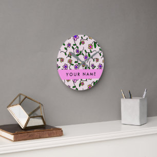 Colourful Flowers, Pink Background, Pink Round Clock