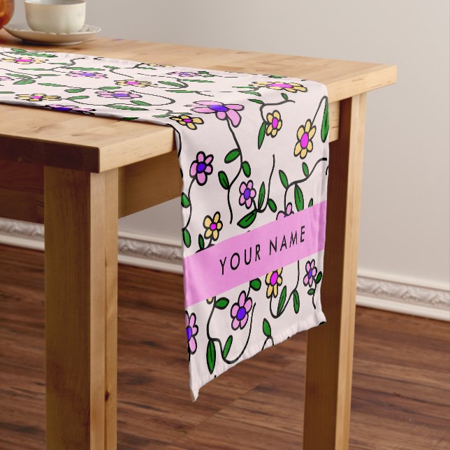Colourful Flowers, Pink Background, Pink Short Table Runner (In Situ)