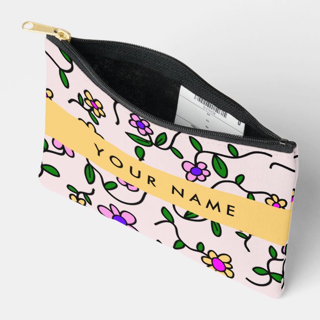 Colourful Flowers, Pink Background, Yellow Accessory Pouch (Open)