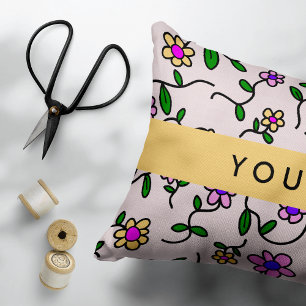 Colourful Flowers, Pink Background, Yellow Decorative Cushion