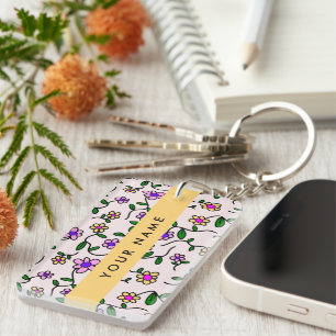 Colourful Flowers, Pink Background, Yellow Key Ring