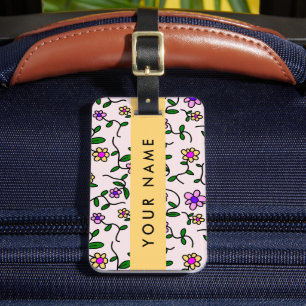 Colourful Flowers, Pink Background, Yellow Luggage Tag
