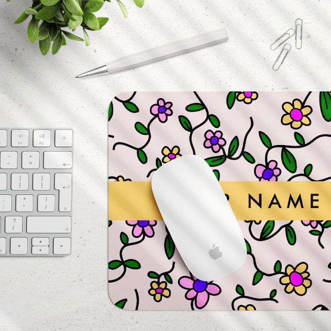 Colourful Flowers, Pink Background, Yellow Mouse Mat (Creator Uploaded)