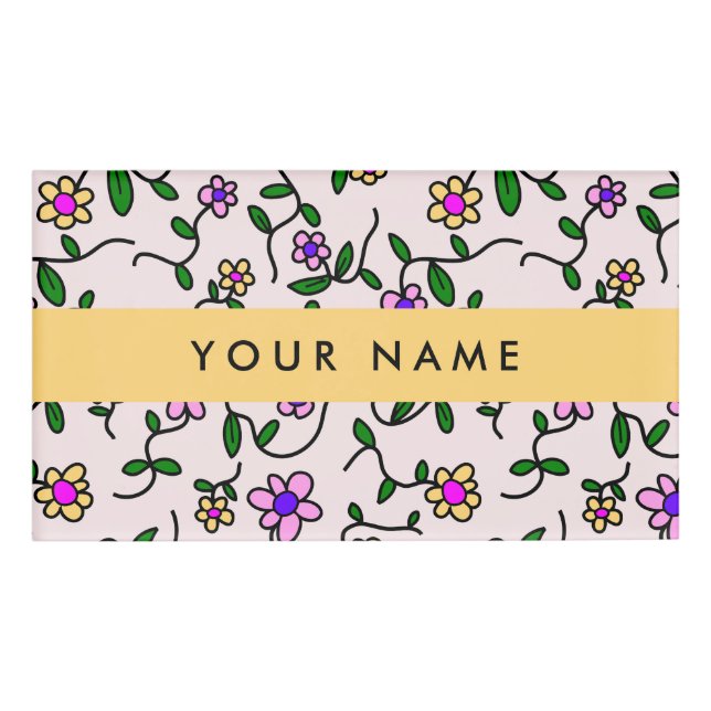 Colourful Flowers, Pink Background, Yellow Name Tag (Front)