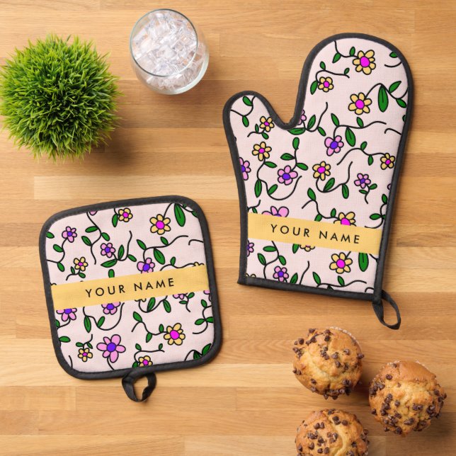 Colourful Flowers, Pink Background, Yellow Oven Mitt & Pot Holder Set (Top Down)
