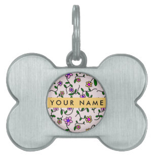 Colourful Flowers, Pink Background, Yellow Pet ID Tag