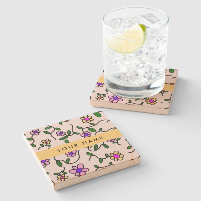 Colourful Flowers, Pink Background, Yellow Stone Coaster (Side)