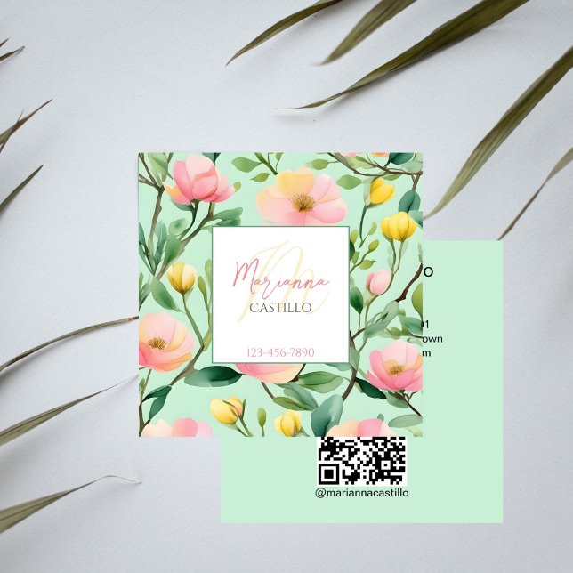 Colourful flowers pink green template qr square business card (Colorful flowers pink green template qr square business card professional makeup artist stylist )