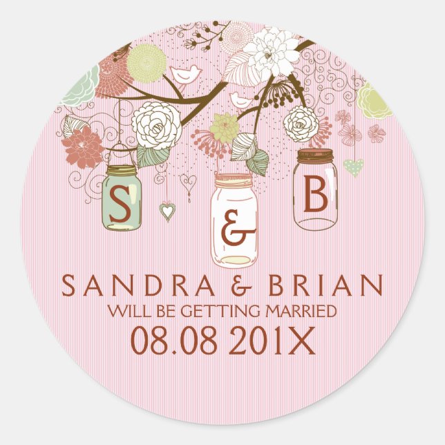 Colourful Flowers & Pink Stripes Hanging Mason Jar Classic Round Sticker (Front)