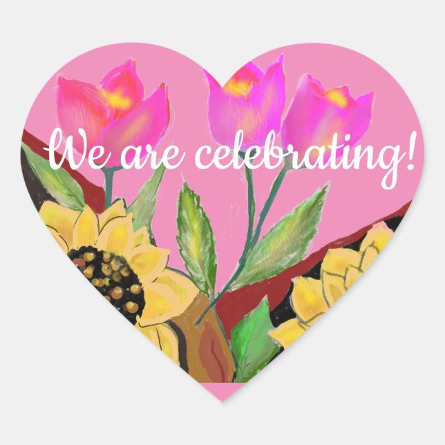 Colourful Flowers Pink Tulips & Yellow Sunflowers Heart Sticker (Front)