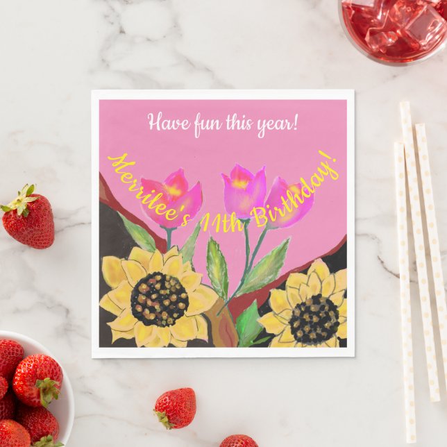 Colourful Flowers Pink Tulips & Yellow Sunflowers Napkin (Insitu)