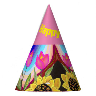 Colourful Flowers Pink Tulips & Yellow Sunflowers Party Hat