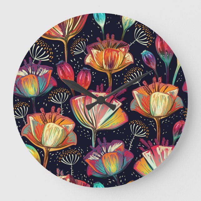 Colourful Flowers Plants Vintage Pattern Large Clock (Front)