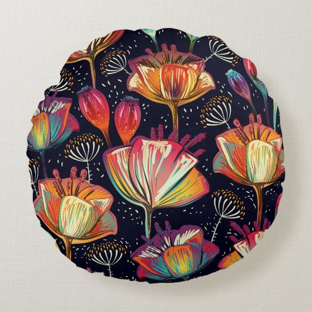 Colourful Flowers Plants Vintage Pattern Round Cushion (Front)