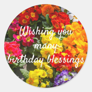 Colourful Flowers Primroses Birthday Blessings Classic Round Sticker
